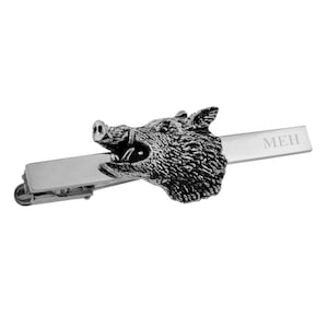 English Made Boar Pewter Design Tie Clip with Engraved Initials in a Gift Box