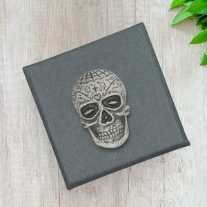 English Handmade Pewter Sugar Skull Lapel Pin Badge Presented in a Box