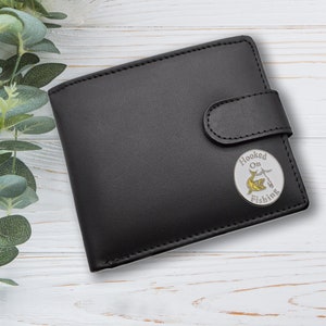 Personalised Hooked on Fishing Design Black Genuine Leather Wallet with Optional Engraved gift box
