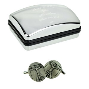 Vitruvian Man Design Pewter Cufflinks in Optional Personalised Cufflink Box