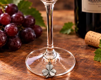 English Made Pewter Shamrock Wine Glass Charm Presented in Gift Pouch
