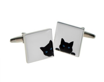 Cheeky Peaking Cat Cufflinks in personalised cufflink box