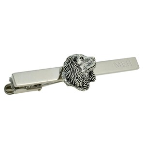 English Made Spaniel Pewter Design Tie Clip with engraved initials in a gift box