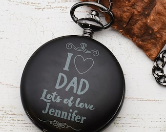 Personalisiertes „I love Dad“-Design | Mattschwarze Taschenuhr mit römischen Ziffern und Clipkette | Mit Box nach Wahl