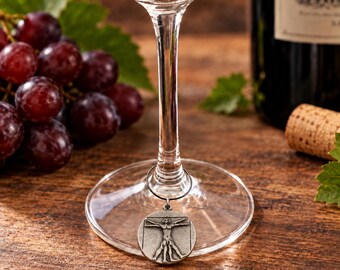 English Made Pewter Vitruvian Man Wine Glass Charm Presented in Gift Pouch