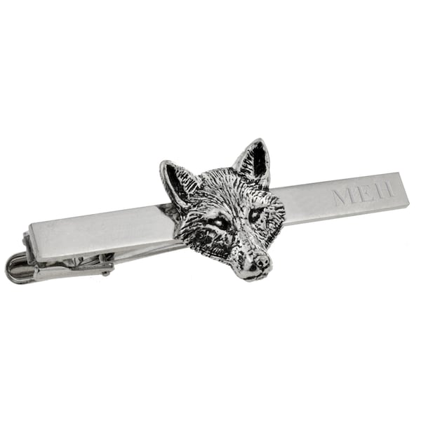 English Made Fox Pewter Design Tie Clip with engraved initials in a gift box