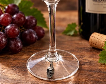 English Made Pewter Twin 3D Skull Wine Glass Charm Presented in Velvet Pouch
