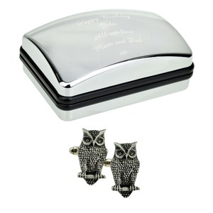 English Made Owl Pewter Cufflinks in Optional Personalised Cufflink Box