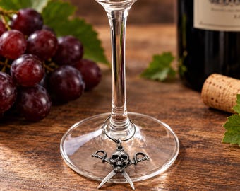 English Made Pewter Pirate Skull & Cutlasses Wine Glass Charm Presented in Velvet Pouch