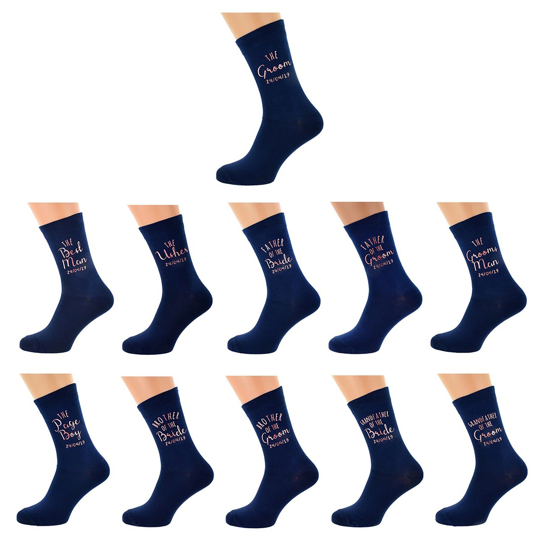 Image of Navy Blue Wedding Socks With Rose Gold Text & Optional Personalised Name Date