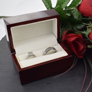 Personalised Engraved Wood Effect Burgundy deluxe Wedding Ring Box Perfect for the happy couple.