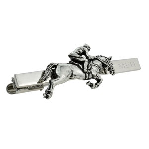 Horse & Jockey English Pewter Design Tie Clip with engraved initials in a gift box image 1