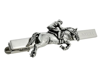 Horse & Jockey English Pewter Design Tie Clip with engraved initials in a gift box