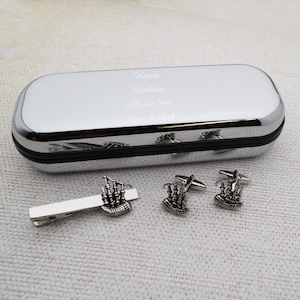 Bagpipes Music Tie Clip and Cufflinks Set in Engraved personalised box
