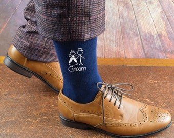 Navy Blue Wedding Socks with Bride & Groom Cartoon Figures can be personalised with Date