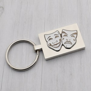 Beautifully Made Drama Comedy & Tragedy Happy Sad Masks Design with special Personalised Engraved message Keyring Presented in Velvet Pouch