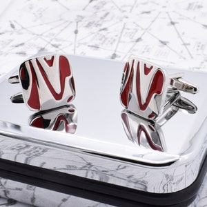 Red & Silver Swirl Pattern Cufflinks in personalised cufflink box