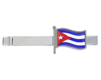 Pince à cravate argentée représentant le drapeau de Cuba, présentée dans une boîte chromée personnalisée