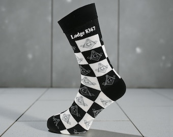 Personalised with Lodge number Masonic with G Black & White Socks Unisex UK 5-12
