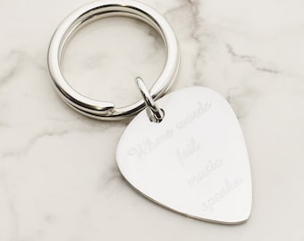 Engraved English Made 925 Sterling Silver Plectrum Keyring Presented in a Black Gift  Box