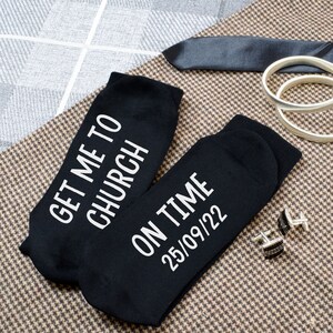 Get Me To Church On Time Personalised with Date Sole Design Black Socks, Great Gift for the Groom!