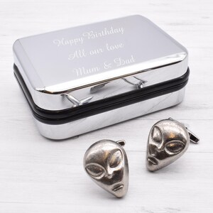 Extra Terrestrial Pewter Cufflinks in Personalised Chrome Effect Cufflink Box