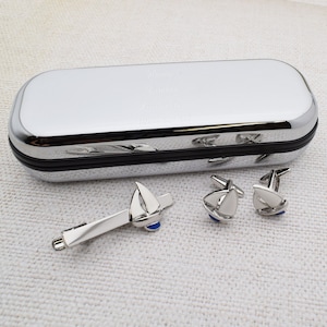 Blue Keeled Yacht Sailing Tie Clip and Cufflinks Set in Engraved personalised box