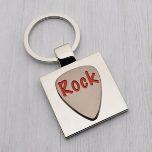 Stylish Rock Guitar Plectrum Pick Design with special Personalised Engraved message Keyring Presented in Velvet Pouch