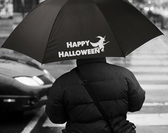 Glow in The Dark Happy Halloween Trick or Treat  Witch Design Umbrella Black Parasol