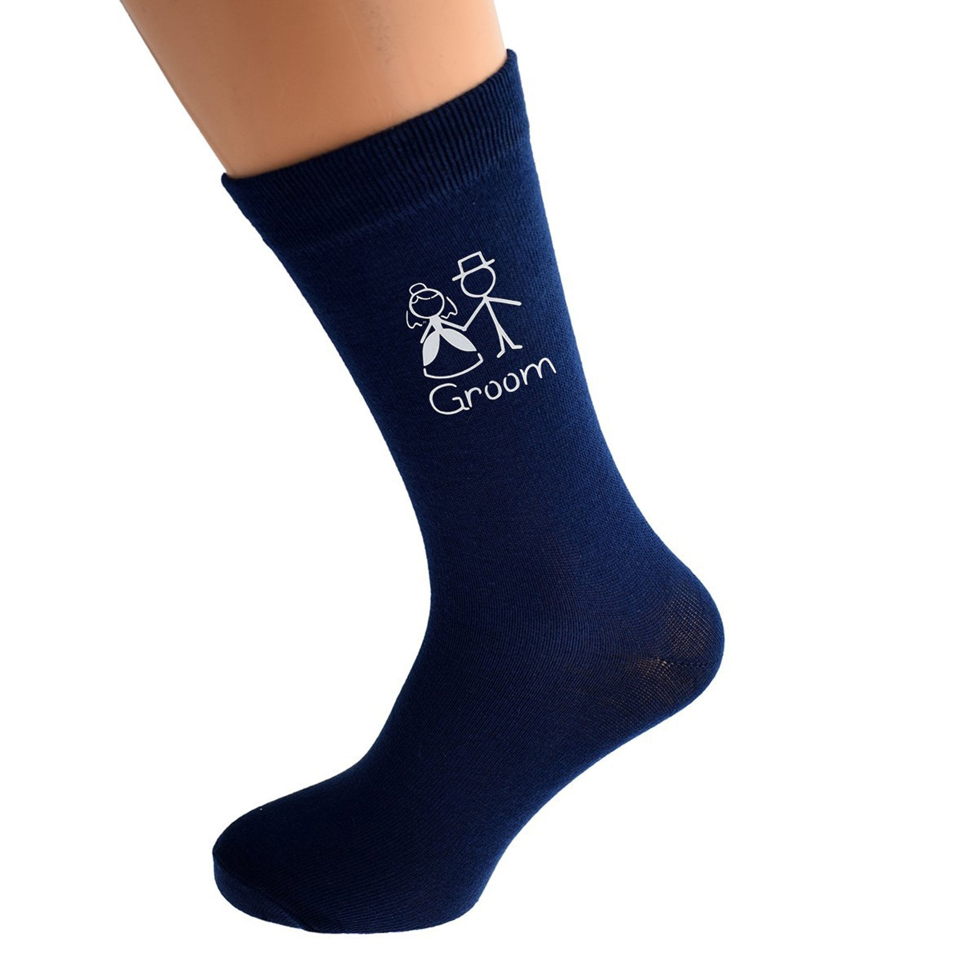 Image of Navy Blue Wedding Socks With Bride & Groom Cartoon Figures Can Be Personalised Date