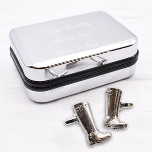 Wellington Boot Pewter Cufflinks in Personalised Chrome Effect Cufflink Box