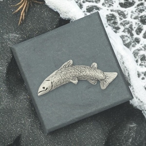 English Handmade Pewter Salmon Lapel Pin Badge Presented in a Box