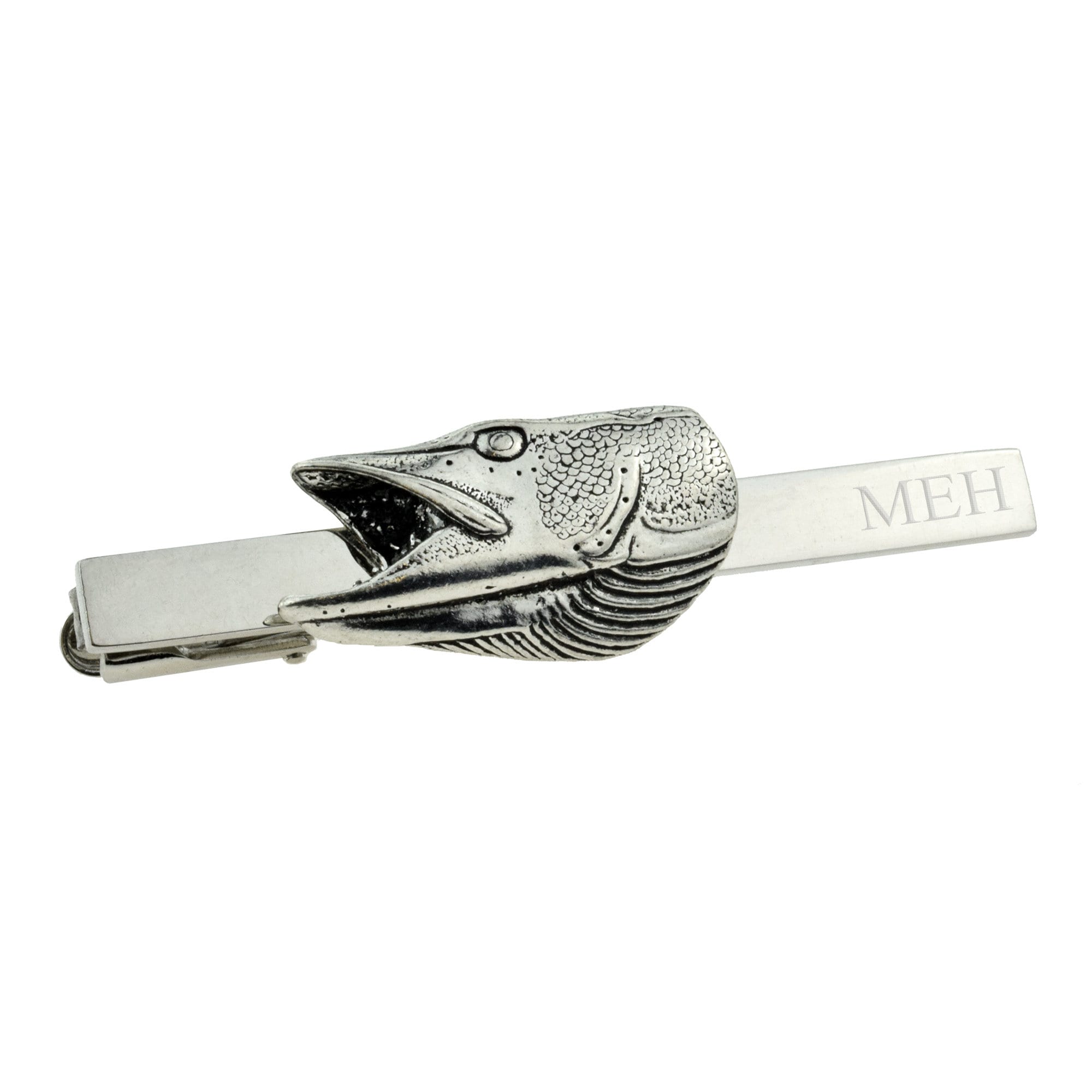 Pike Head English Pewter Design Tie Clip with engraved initials in a gift box
