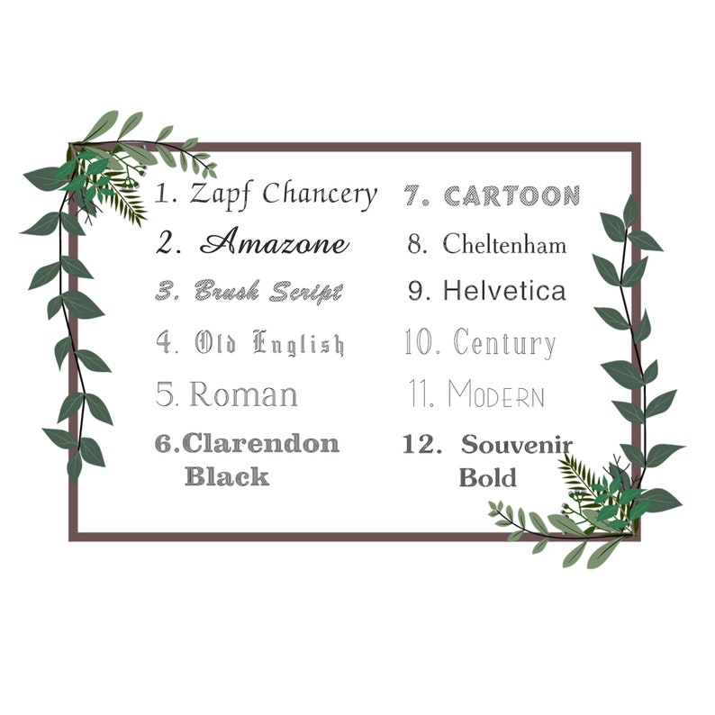May include: A framed list of 12 different font styles with their names, including Zapf Chancery, Amazone, Brush Script, Old English, Roman, Clarendon Black, CARTOON, Cheltenham, Helvetica, Century, MODERN, and Souvenir Bold.
