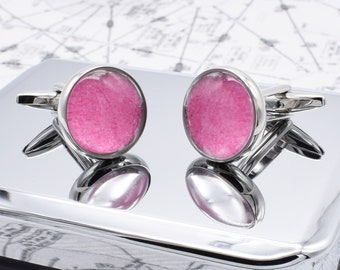 Unique Bright Pink Sand Filled Cufflinks in personalised cufflink box