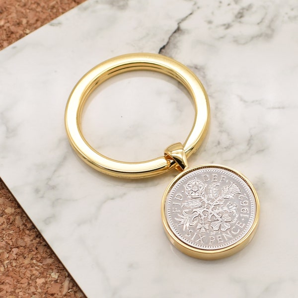 Hand Set 1964 Silver Sixpence Gold Keyring Birthday anniversary gift with Personalised Engraved Message