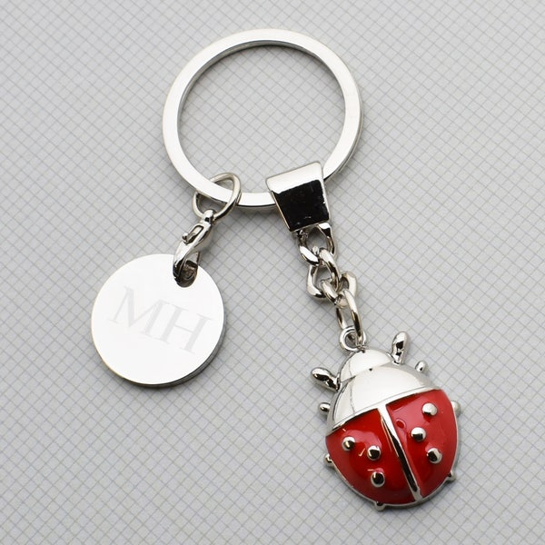 Personalised Initials Ladybird Silver Keyring Presented in Organza Bag