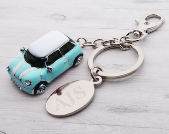 Personalised Engraved Cute Minicar Keyring Presented in a Velvet Pouch