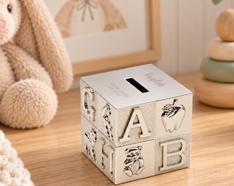 ABC Baby Coin Money Box – Alphabet Building Block Teddy Bear Nursery Gift Christening & First Birthday Keepsake