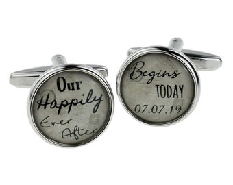 Our Happily Ever After + Your Wedding Date, Personalised Cufflinks for the Groom