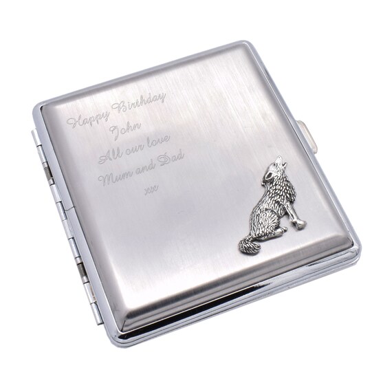 Howling Wolf Design Personalised Engraved Stainless Steel King Size  Cigarette Case