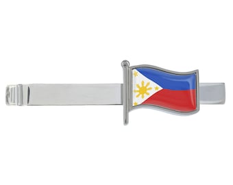 Pince à cravate argentée représentant le drapeau des Philippines présentée dans une boîte chromée personnalisée