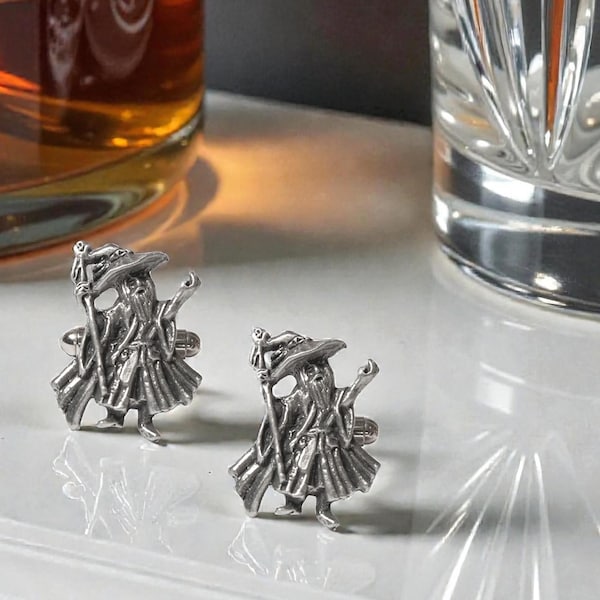 Merlin Wizard Design English Made Pewter Cufflinks in Personalised Leatherette Cufflink Box