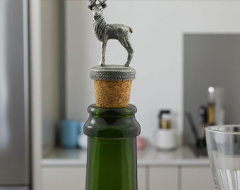 English Made Pewter Stag Wine Bottle Stopper in Gift Pouch