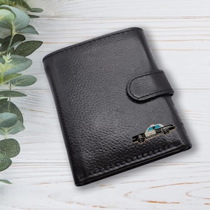 Cartera de piel auténtica negra con diseño de coche de policía americano clásico retro, personalizada con texto propio