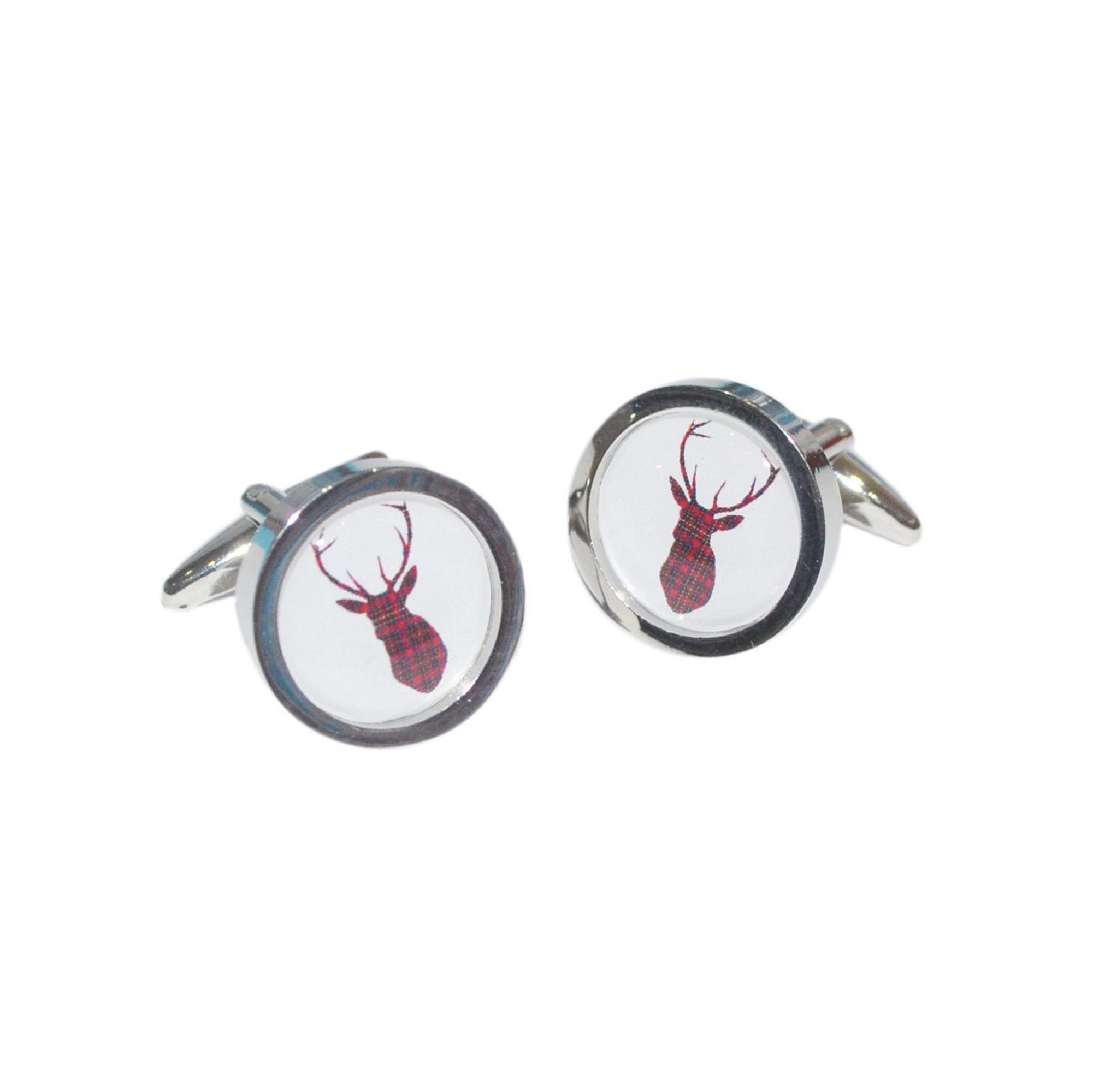 Royal Stewart Tartan Stag Design Round Border Cufflinks in a Personalised Cufflink Box