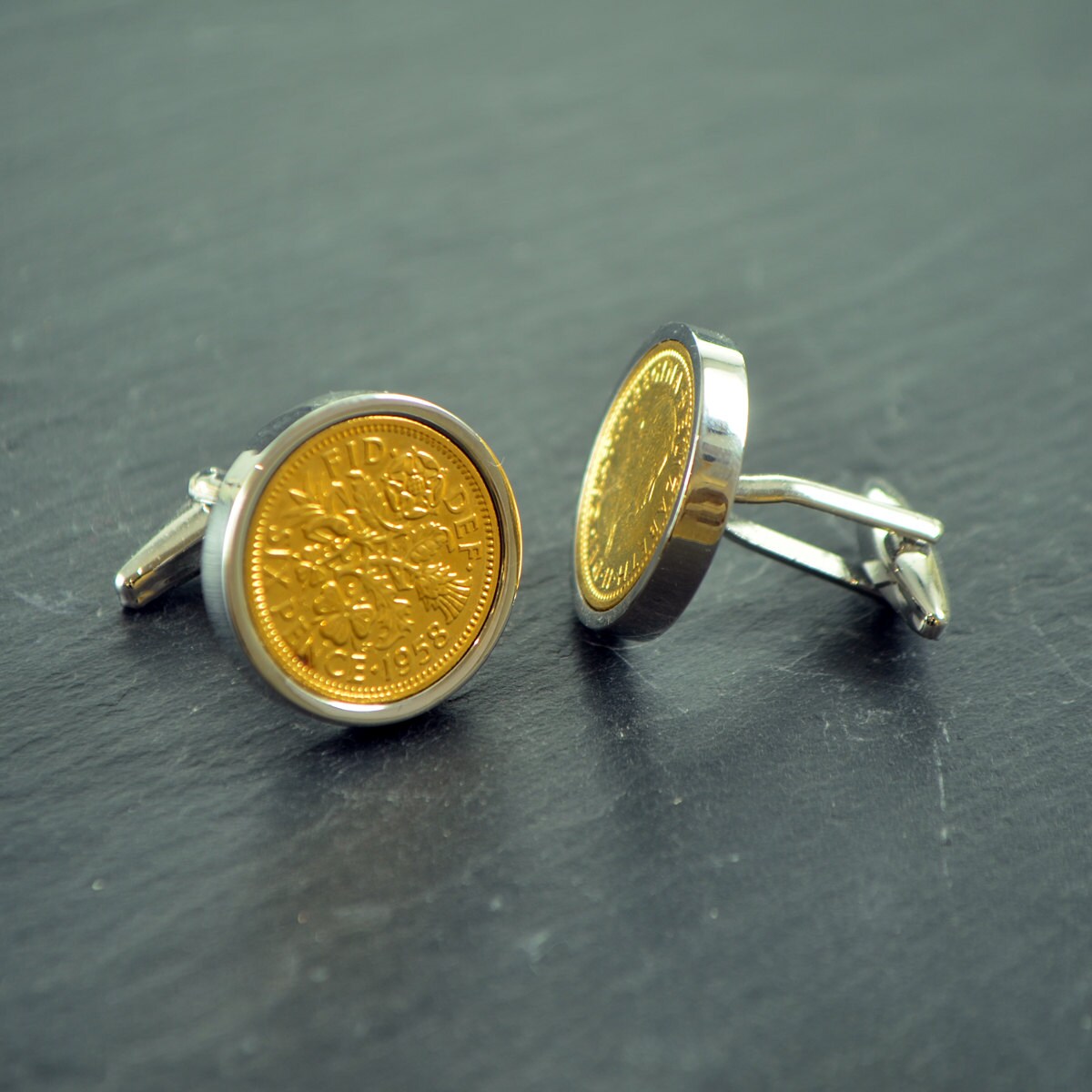 Image of Rhodium Plated Cufflinks With Hand Mounted Gold Lucky Sixpence in Personalised Cufflink Box