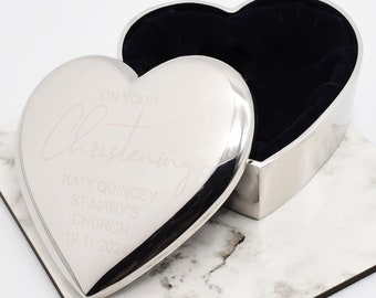 Beautifully Engraved Personalised Christening Design Silver Heart Shaped Trinket Box