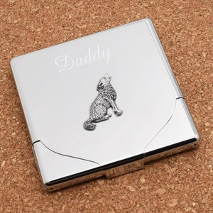 Howling Wolf Design Personalised Engraved High Polish Chrome Finish Cigarette Case Holds Up To 10 Kingsize Hinged Flip Front