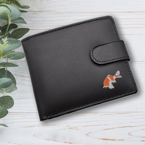 Cartera de cuero genuino negra con diseño de pez payaso personalizado con caja de regalo grabada opcional